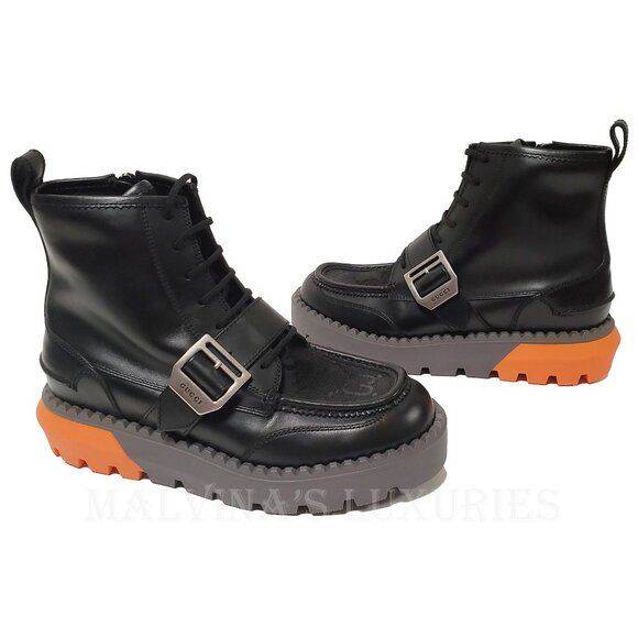 GUCCI BOOTS MENS GG LOGO CANVAS BLACK LEATHER LACE UP ANKLE sz 8 8.5 US - Picture 6 of 16